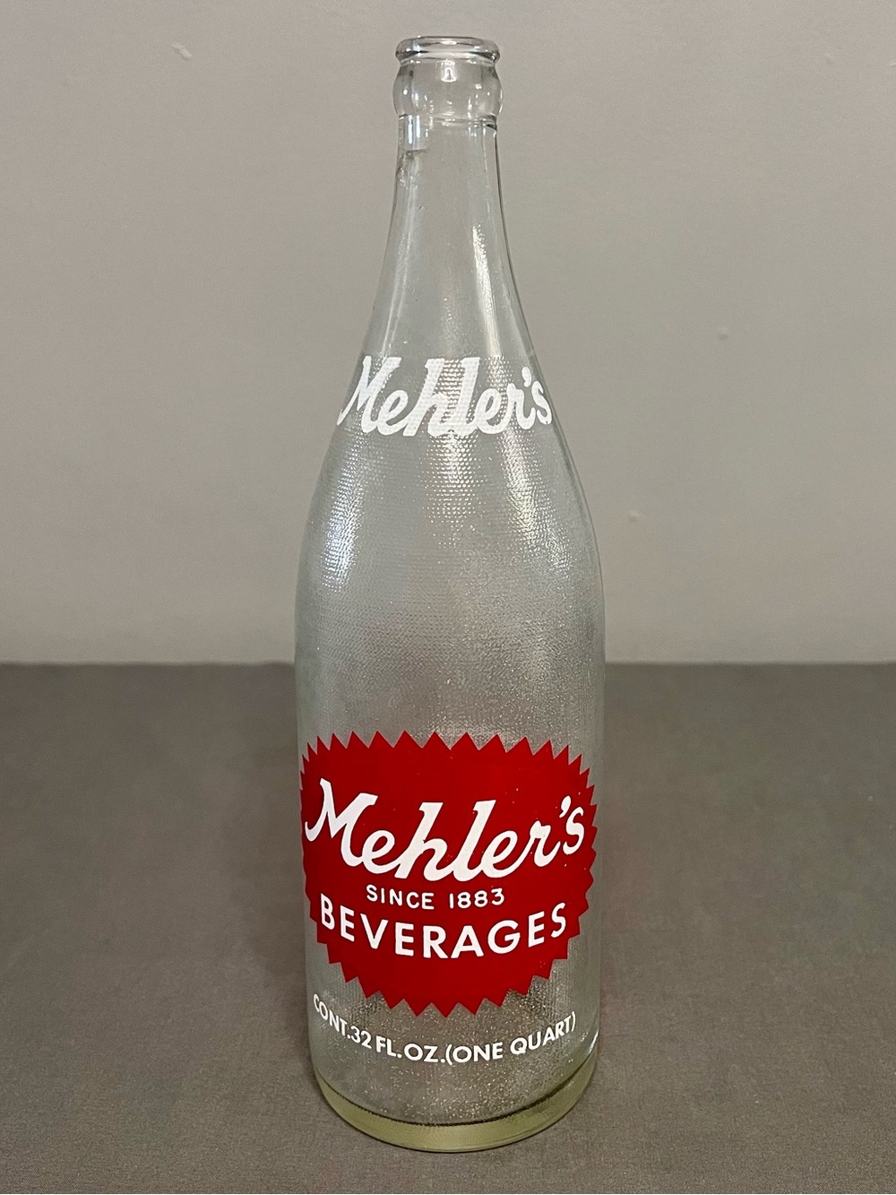 VTG Mehler’s Beverages Soda Bottle Erie, PA 32 Oz 1 Quart Clear Glass ACL 11.5”